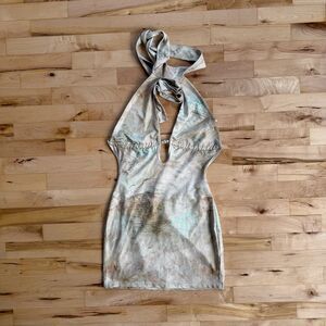Y2K Abstract Satin Halter Mini Dress Pearl Detail